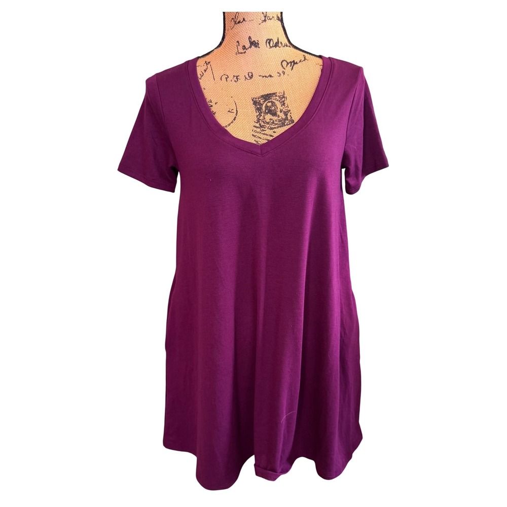 Zenana Premium Womens Purple V-Neck Short Sleeve Relaxed Long Shirt‎ Tunic Small